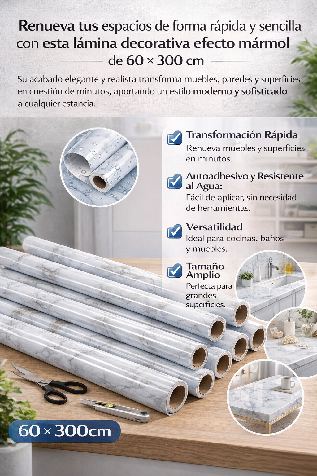 MAXISHOP - Lámina decorativa efecto mármol 60 x 300cm